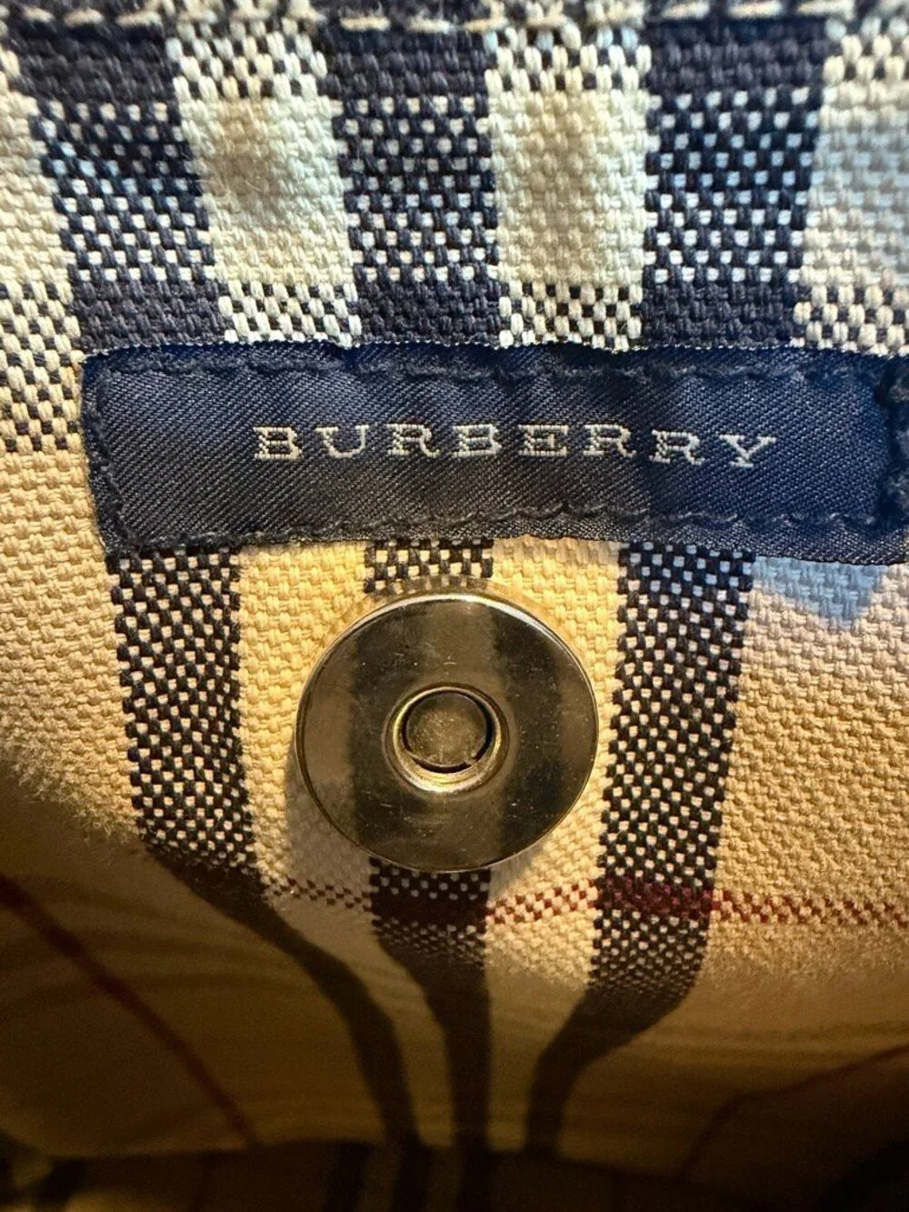 Burberry Beige Plaid Canvas Tote with Black and Red Accents